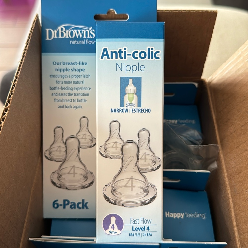 72 bottle nipples. NEW unused Dr. Brown's narrow, level 4 fast flow (9+ mos)